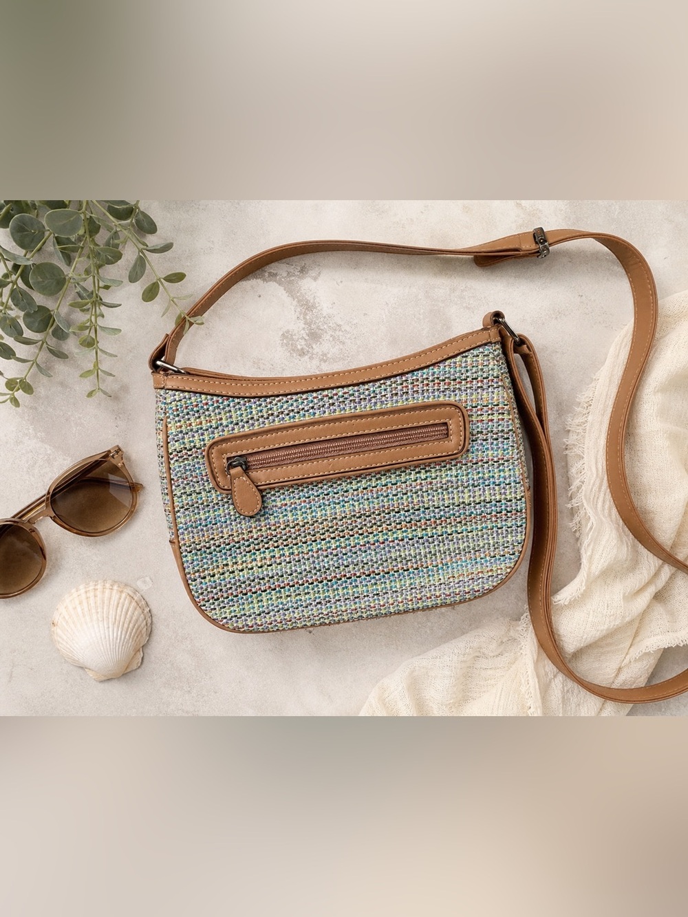 Woven Rattan Shoulder Bag with Tan Trim, Boho, Coastal
